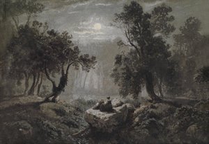 Uma paisagem romântica floresta ao luar